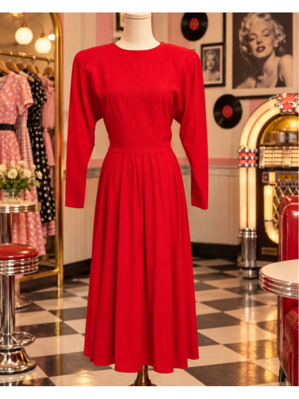 Vintage Rabbit Rabbit Rabbit Designs Red Rayon Shoulder Pad Midi Dress Size 8